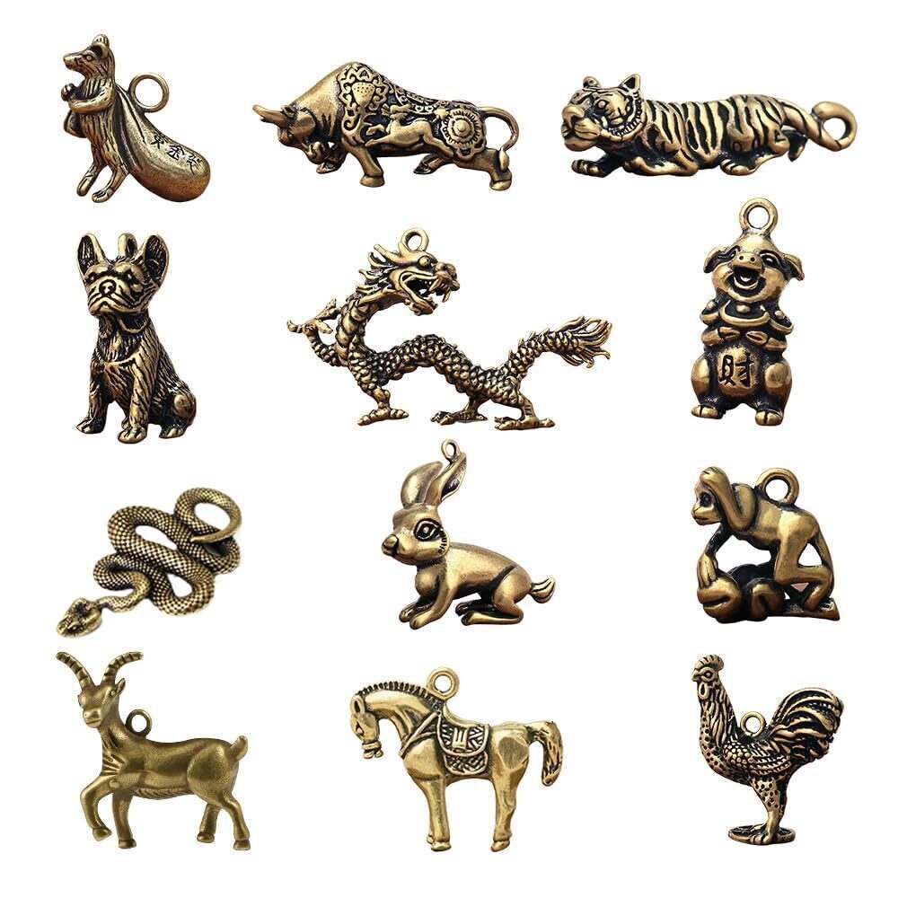 3565 12 pcs Imitation Pure Brass Chinese Style Twelve Zodiac Keychain